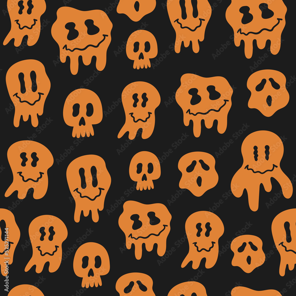 Hippie groovy melting smile faces on a black background. Funny Halloween seamless pattern. Meltdown emotional icons retro print Hippie groovy melting smile faces on a black background. Funny Halloween seamless pattern. Meltdown emotional icons retro print