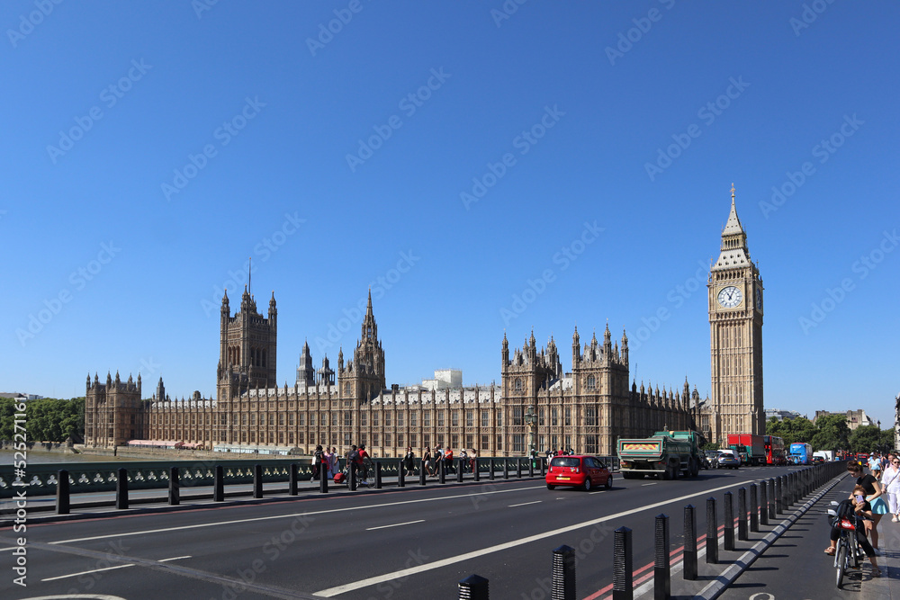 View of Westminster Abbey and the famous Big Ben on a sunny day