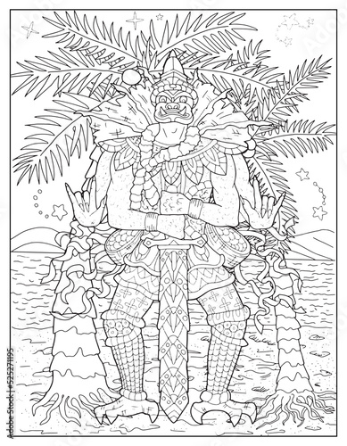 Coloring page illustration with Thailand demons and mythology creatures against nature background