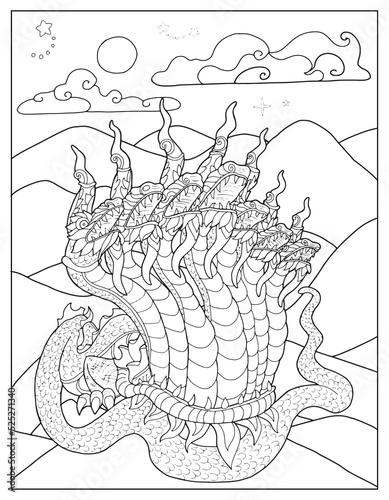 Coloring page illustration with Thailand demons and mythology creatures against nature background