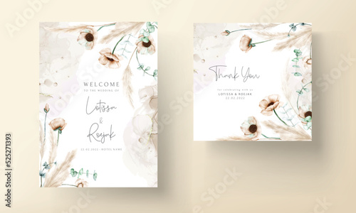elegant bohemian wedding invitation card with hand drawn wildflowers
