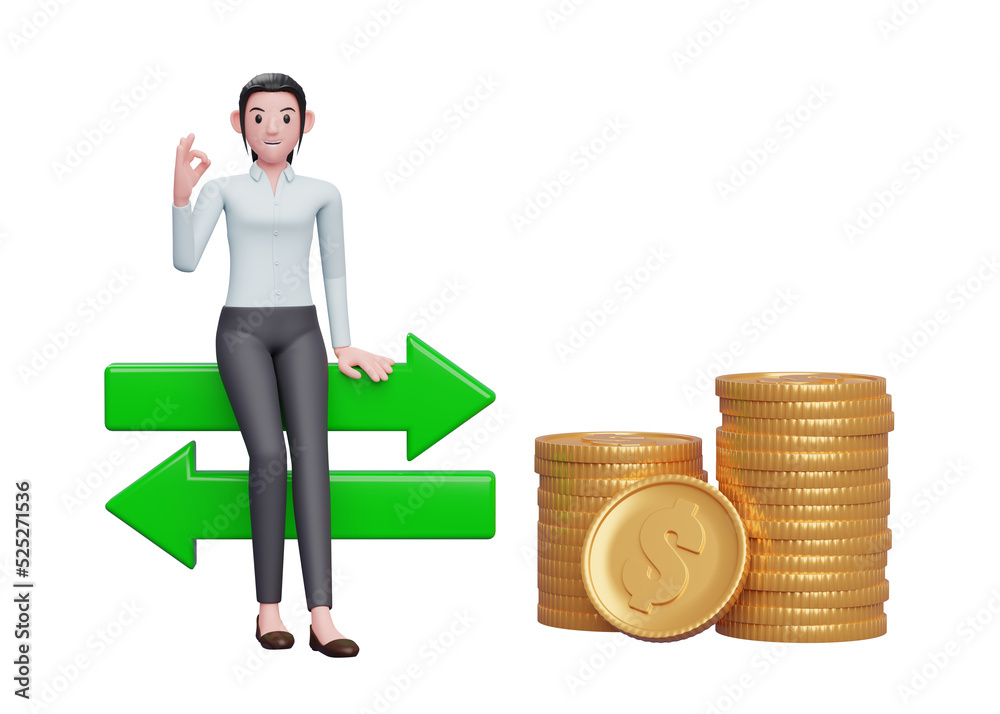 business woman in blue dress sitting on exchange rate icon with hand gesture ok finger business woman in blue dress sitting on exchange rate icon with hand gesture ok finger