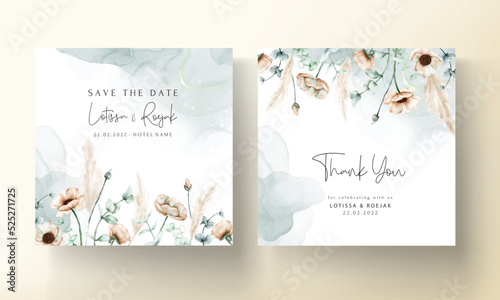 elegant bohemian wedding invitation card with hand drawn wildflowers