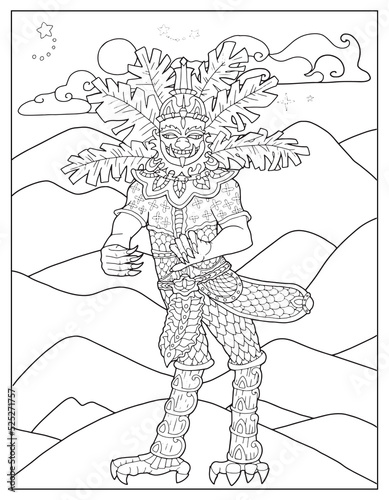 Coloring page illustration with Thailand demons and mythology creatures against nature background