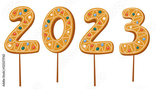 Gingerbread cookie numerals on sticks with phrase 2023. Sweet biscuit in new year message. Christmas sweets. Hand drawn vector illustrations isolated on the white background.