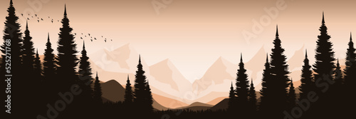 forest silhouette in landscape flat design vector illustration for background, wallpaper, background template, tourism, adventure and design template	