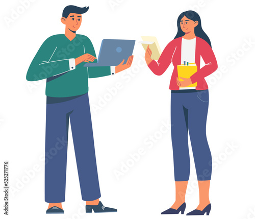 Business team applauding. Man and a woman with laptops and papers confer. Healthy social relationships, interaction concept. Teams set. Hand drawn vector illustrations