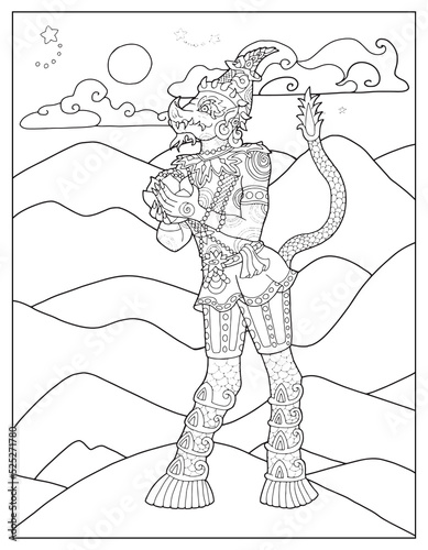 Coloring page illustration with Thailand demons and mythology creatures against nature background