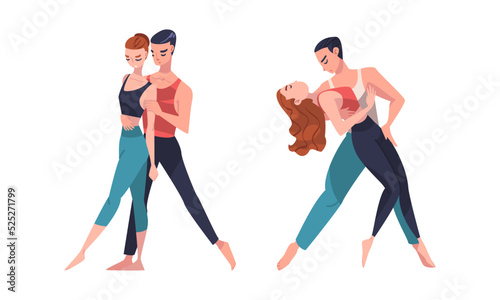 Men amd women professional dancers performing choreographic elements in studio cartoon vector illustration