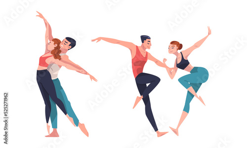 Men and women professional dancers training and exercising in studio, performing choreographic elements cartoon vector illustration