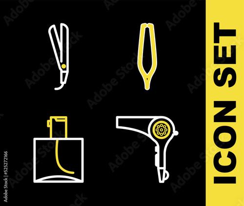 Set line Eyebrow tweezers, Hair dryer, Perfume and Curling iron icon. Vector