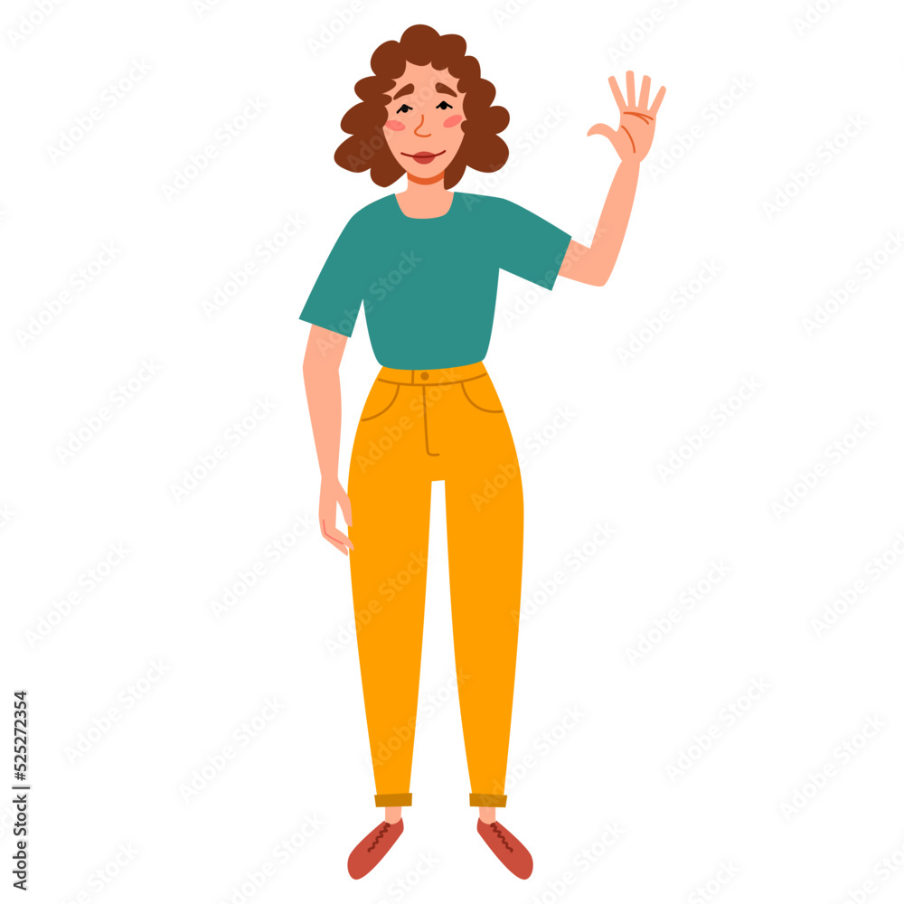 A fashionable girl in casual clothes greets. Friendly greeting of a young woman. Vector illustration in a flat style, isolated on a white background. A fashionable girl in casual clothes greets. Friendly greeting of a young woman. Vector illustration in a flat style, isolated on a white background.