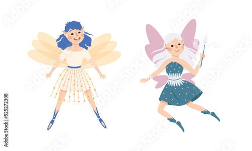 Happy joyful elf girls with pointed ears wearing nice dresses vector illustration
