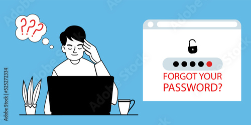 The man forgot her personal details. web splash concept with forgotten password, account protection, danger warning, wrong password. Vector illustration in black and white in doodle style.