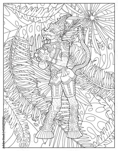 Coloring page illustration with Thailand demons and mythology creatures against nature background