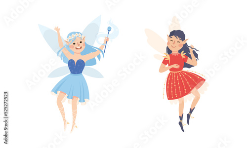 Happy joyful elf girls in blue and red dresses. Lovely flying fairytale fairies vector illustration