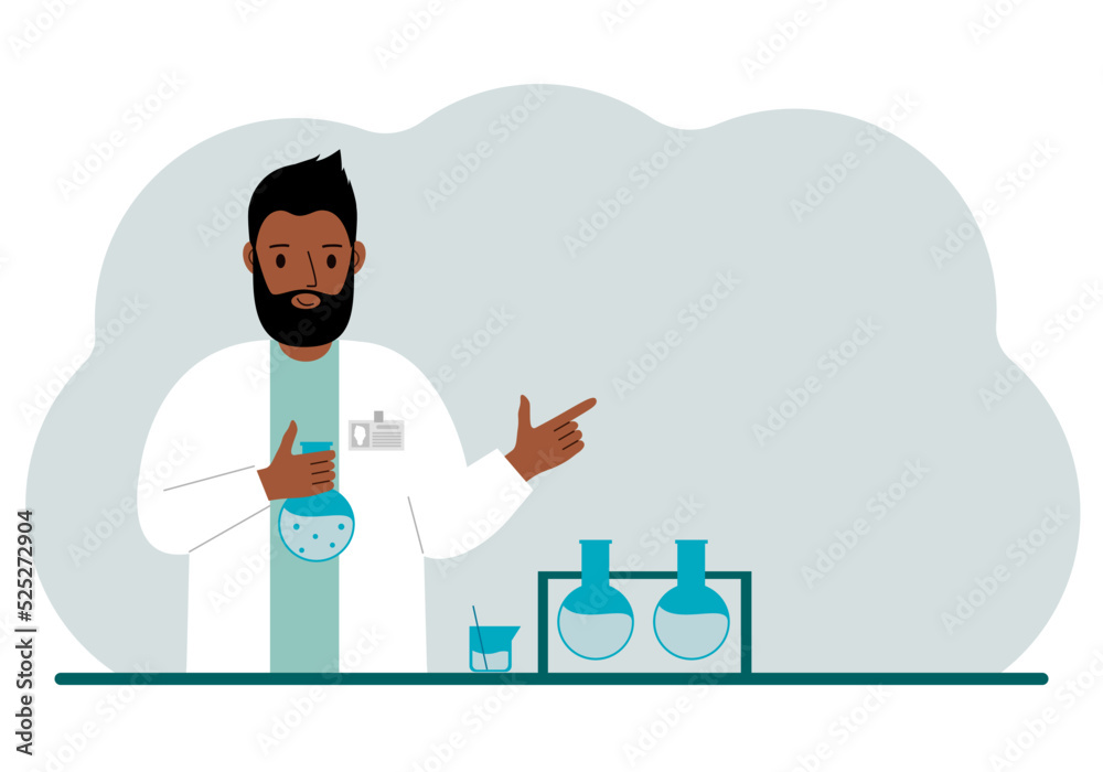 Male scientist with flasks. Experimental scientist, laboratory assistant, biochemistry, chemical, scientific research.