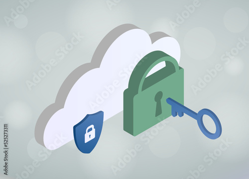 Cloud Authentication, Password Manager Services concept. 3D isometric illustration - security icon with cloud, padlock with keyhole and key