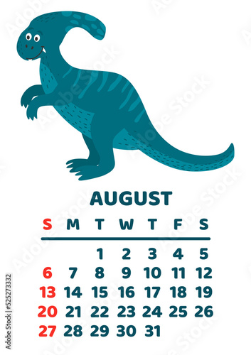 Cute dinosaur calendar template for children series. August