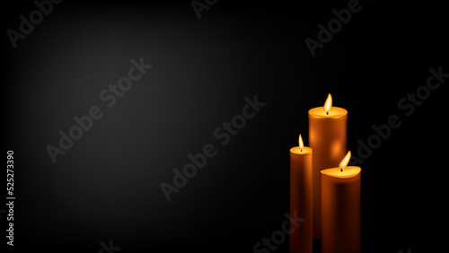 Three wax candles on black background and spot of light with with copy space. Symbol of grief and memory for the dead. Horizontal vector.