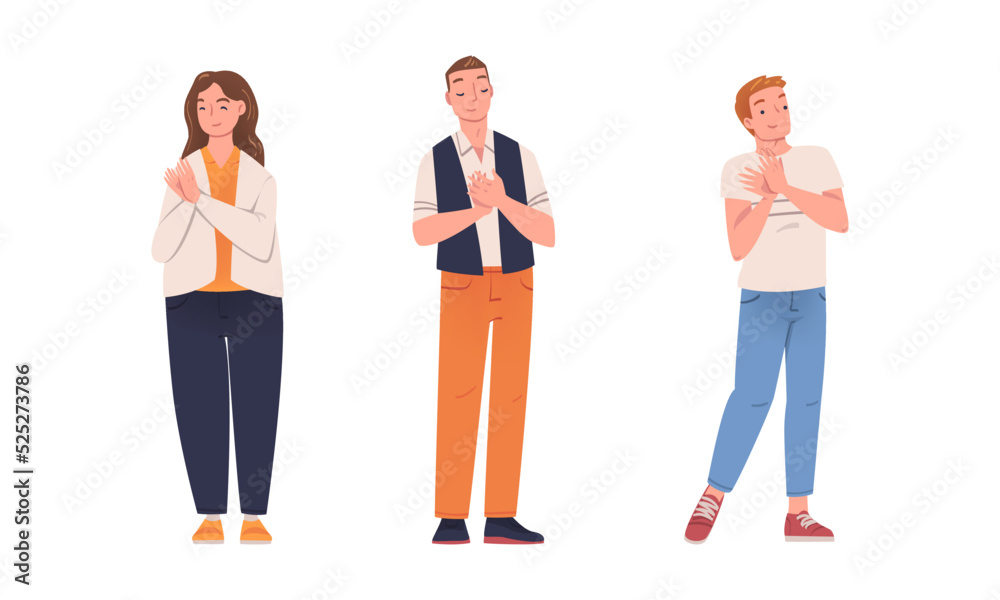 Fototapeta premium Cheerful business man and woman clapping hands set. Cheering people applauding with approval flat vector illustration