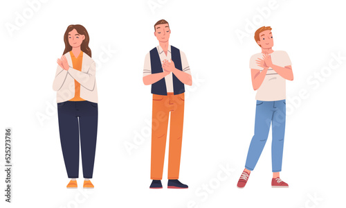 Cheerful business man and woman clapping hands set. Cheering people applauding with approval flat vector illustration