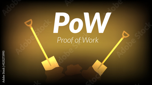 White text PoW Proof of Work with shovels on dark brown background. Banner for news or articles.