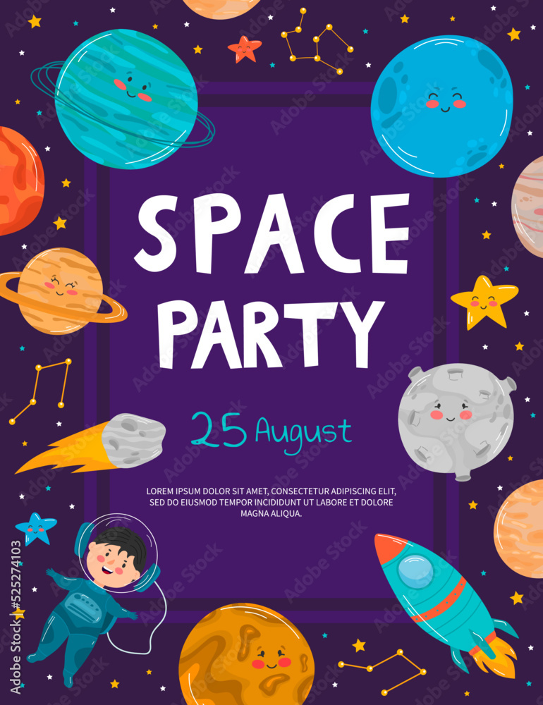 Naklejka premium Space party cartoon flyers, invitation to music show with astronaut dj with turntable in open space, spaceman mixing techno sounds, cosmos, galaxy posters free drinks and parking Vector illustration.