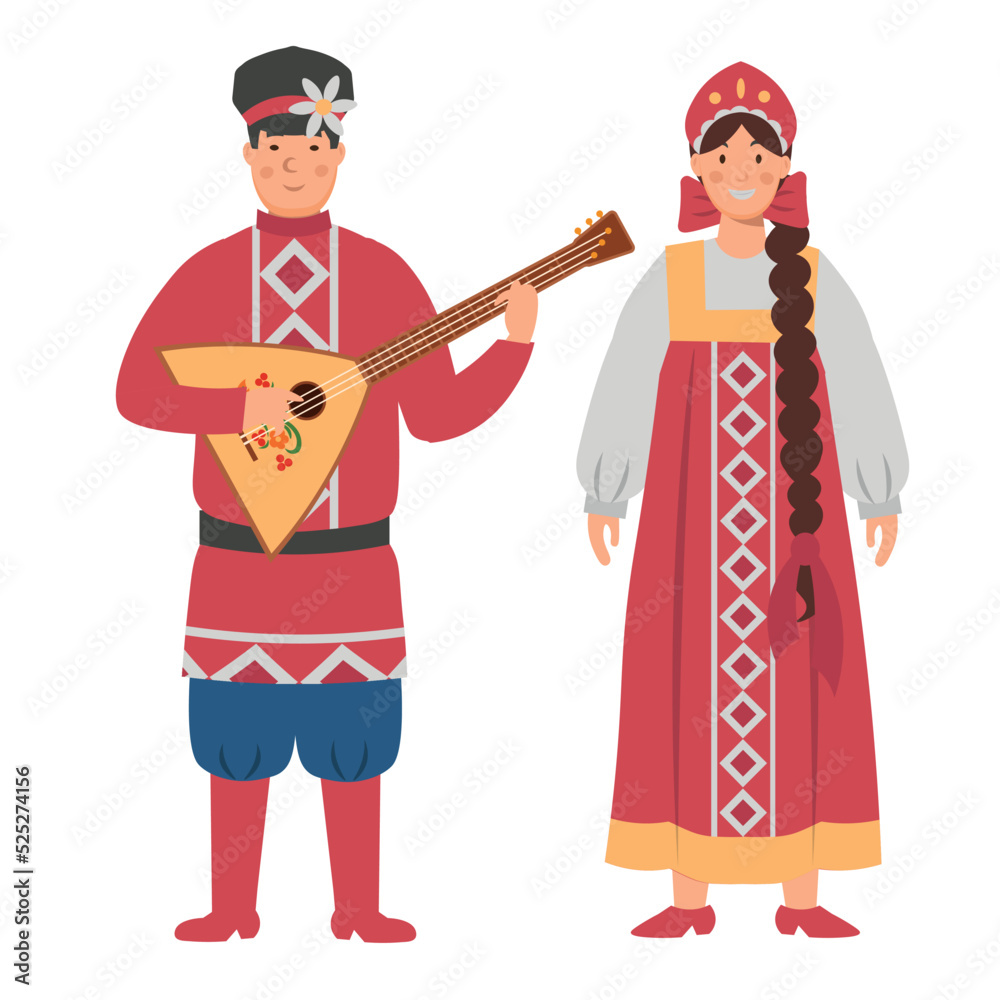 Cartoon men's and women's costumes of Russia character for children. Flat vector illustration