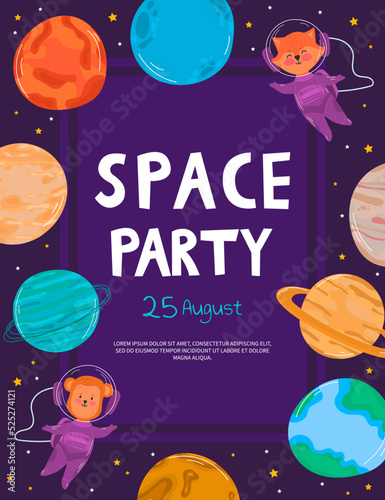 Space party cartoon flyers, invitation to music show with astronaut dj with turntable in open space, spaceman mixing techno sounds, cosmos, galaxy posters free drinks and parking. Fox astronaut