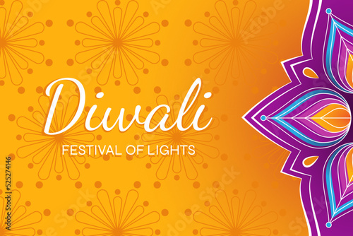 Diwali holiday banner. Festival of light. Purple and yellow colors. Use for card, flyer, poster, banner, cover. Vector illustration.