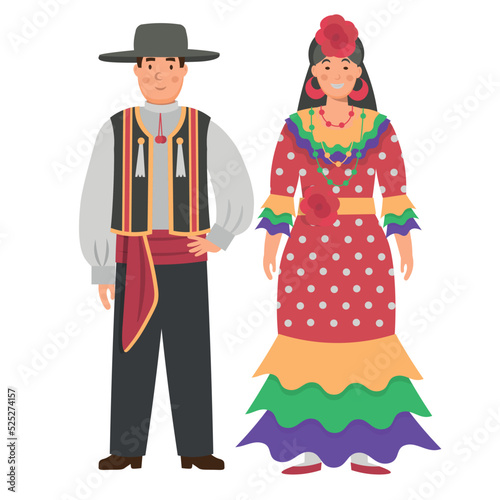 Cartoon men's and women's costumes of Spain character for children. Flat vector illustration