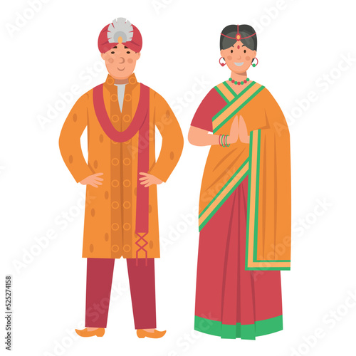 Cartoon men's and women's costumes of india, character for children. Flat vector illustration