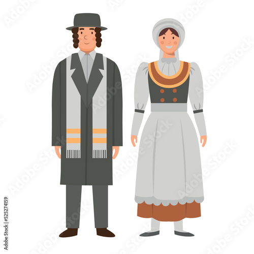 Cartoon men's and women's israel costume, character for children. Flat vector illustration