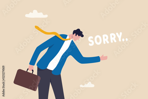 Foto Apologize or say sorry, regret for what happen asking for forgiveness, professional or leadership after mistake or failure, pardon or feel sad concept, businessman bow down say sorry for apologize