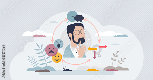CBT or cognitive behavioral therapy for mental problems tiny person concept. Psychotherapy treatment session with counseling methods vector illustration. Mind cognition and emotional feeling care.
