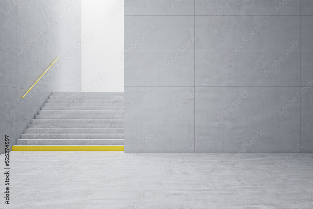 Contemporary light concrete tile interior with stairs and mock up place on wall. School hallway and corridor concept. 3D Rendering. - obrazy, fototapety, plakaty 
