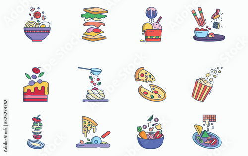 Food levitation and ingredients flying icon set