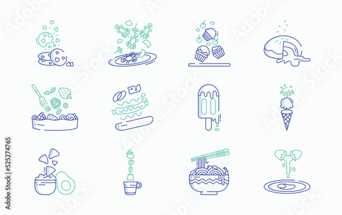 Food levitation and ingredients flying icon set