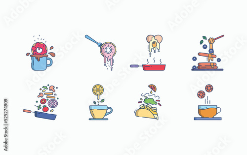 Food levitation and ingredients flying icon set