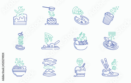 Food levitation and ingredients flying icon set