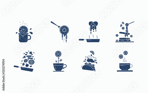 Food levitation and ingredients flying icon set