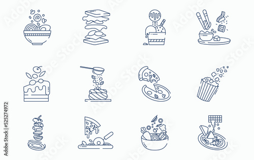 Food levitation and ingredients flying icon set