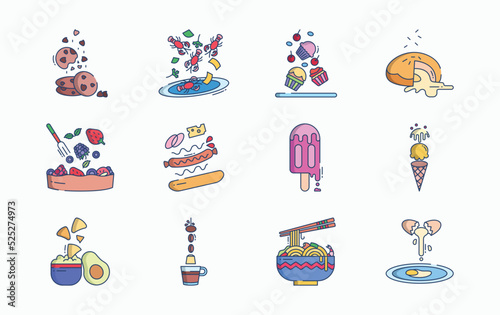 Food levitation and ingredients flying icon set