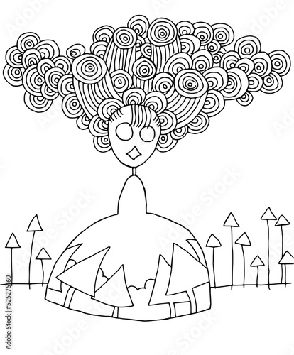 Black line illustration, colour it yourself, for children, with a beautiful hairstyle and prom dress.