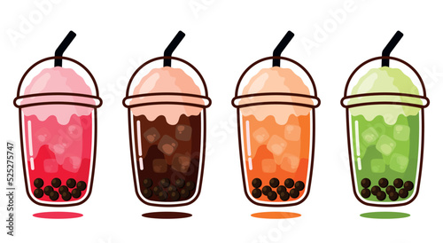 Animated Iced Bubble Tea in Strawberry, Green Tea, Chocolate, Thai Tea Flavor Set Collection with Ice Cube in Cute Cartoon Vector Illustration