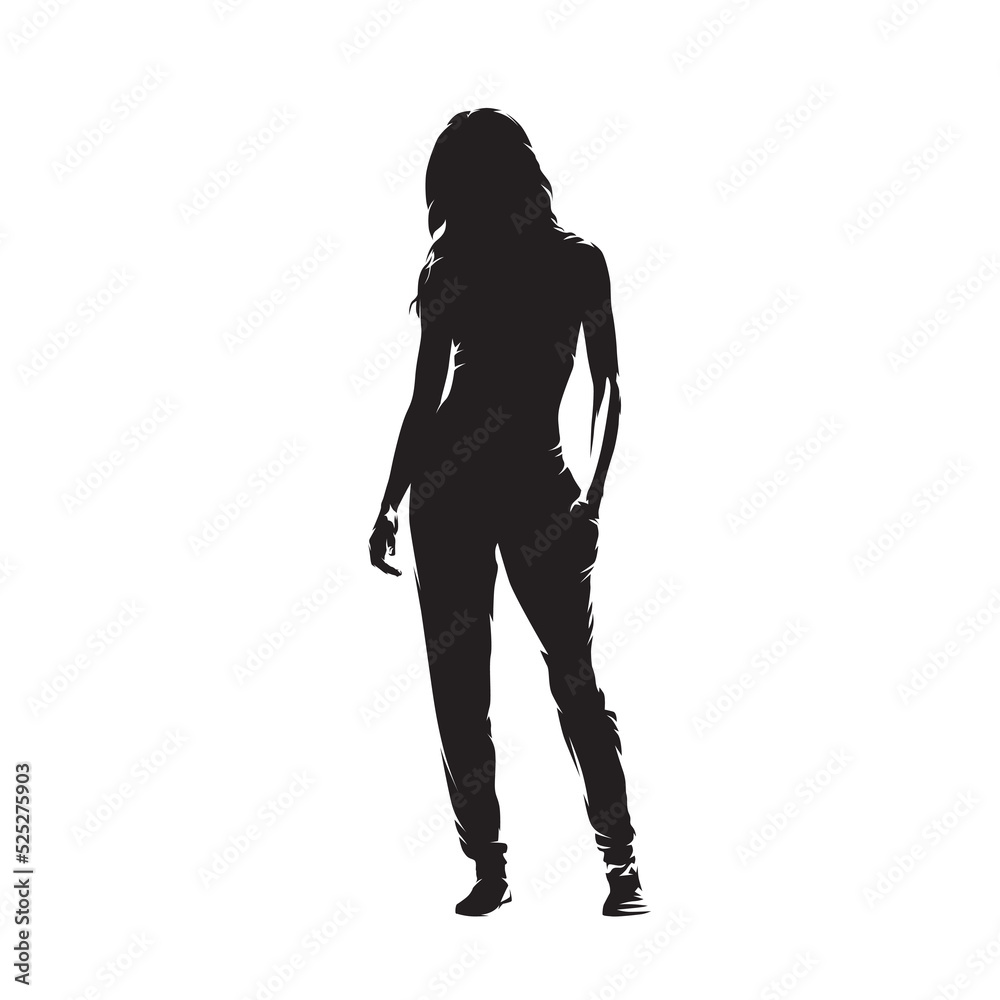 Slim sporty woman standing with hand in pocket, isoalted vector silhouette, front view