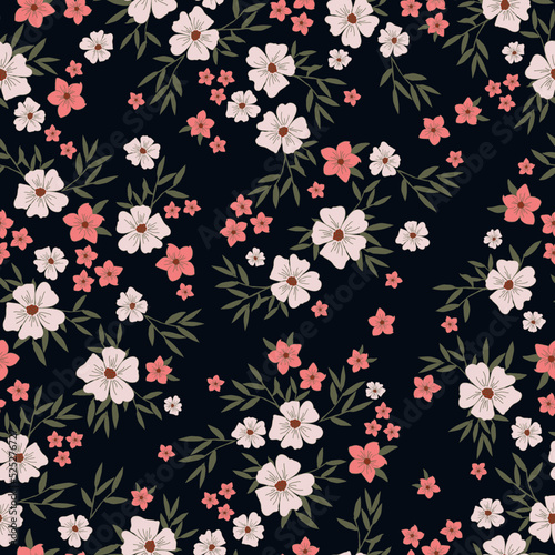 Simple vintage pattern. white and pink flowers  dark green leaves. black background. Fashionable print for textiles and wallpaper.