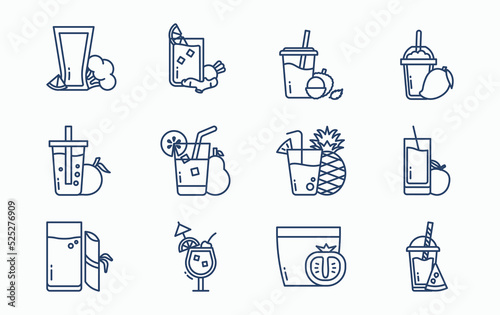 Fruit juice with fruit and cup icon set