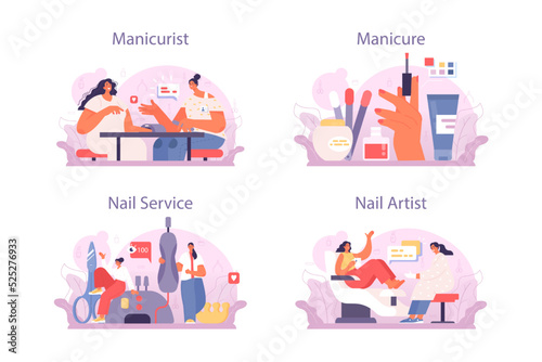 Manicurist service concept set. Beauty salon worker. Nail treatment